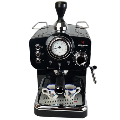 Merashi espresso machine brewing two cups with analog pressure gauge.