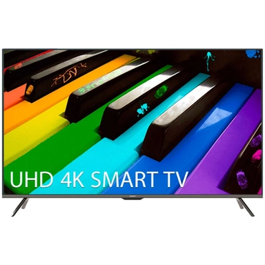 UHD 4K smart TV displaying colorful rainbow piano keys.