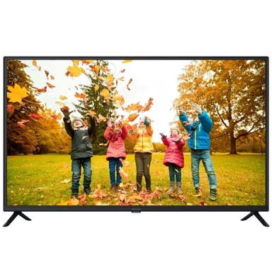 Kids playing with autumn leaves in a park on a smart TV screen.