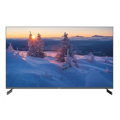 Sunset view of snowy mountain trees on a high-definition smart TV screen.