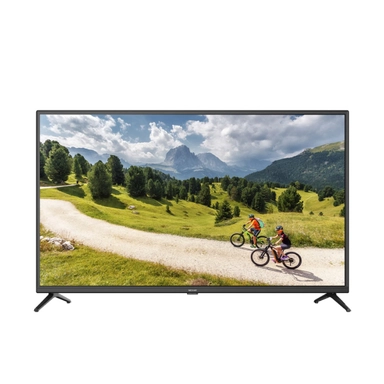 Cyclists riding on a mountain trail displayed on a flat-screen smart TV.