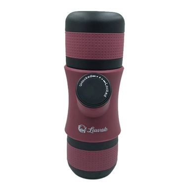 Portable Luwak manual coffee maker with lock mechanism, maroon and black color.