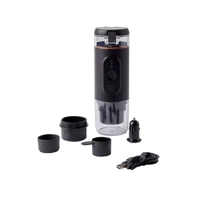 Portable electric espresso maker with accessories, USB charger, and car adapter.