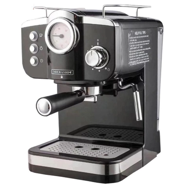 Espresso machine with built-in pressure gauge and steam wand for home coffee brewing.