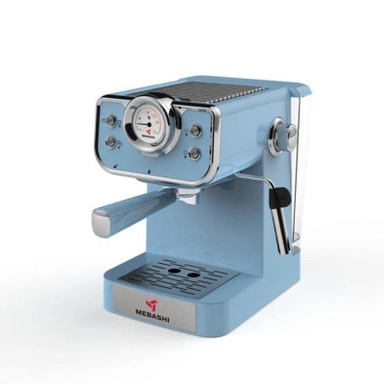 Light blue espresso machine with button controls, steam wand, and modern design