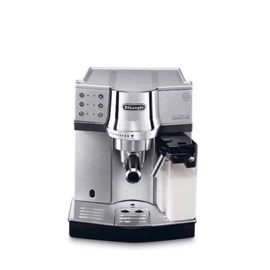 Stainless steel Delongi espresso machine with button controls, steam wand, and modern design