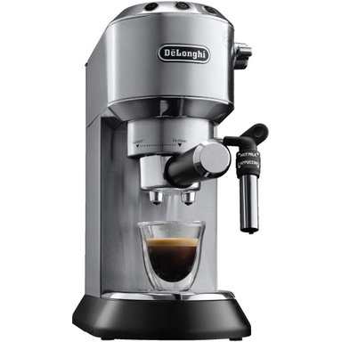 Stainless steel espresso machine with button controls, steam wand, and modern design