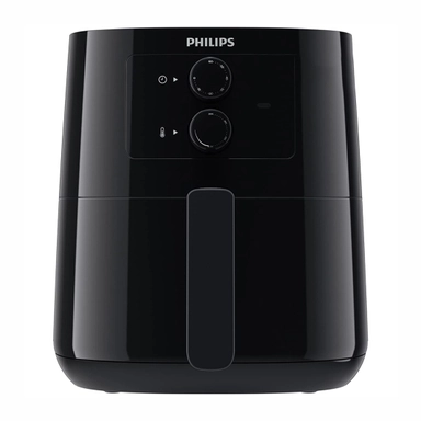 Black digital air fryer with touch controls and viewing window for cooking progress