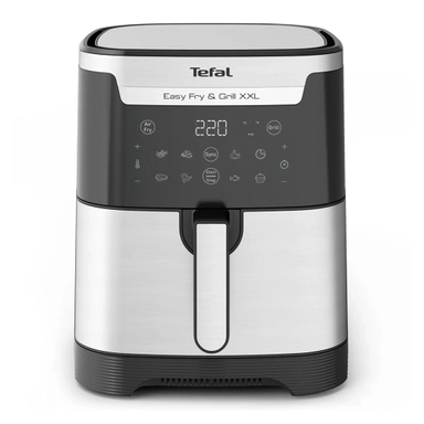 Silver Tefal air fryer with sleek design and digital touch controls