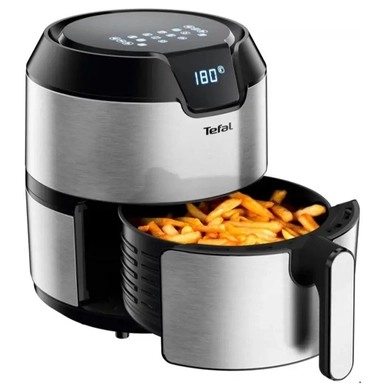 Silver Tefal fryer with manual control knobs for temperature and time settings