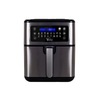 Silver air fryer with blue digital display
