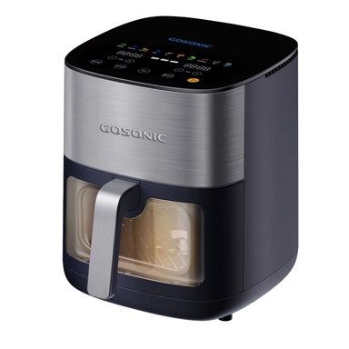 Silver Gosonic dual-basket air fryer with digital display and visible cooking windows