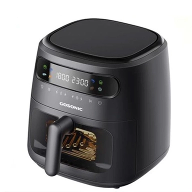 Black Gosonic dual-basket air fryer with digital display and visible cooking windows