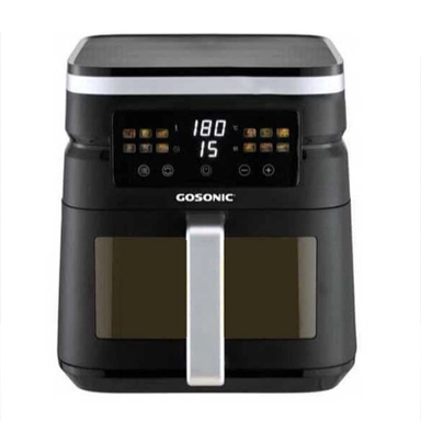 Black Gosonic air fryer with digital display and visible cooking windows