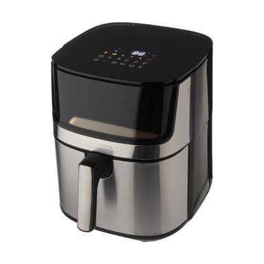 Black and silver Gosonic air fryer with digital display and visible cooking windows