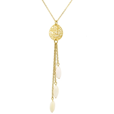 Gold necklace with filigree round pendant and dangling chains with white stone charms