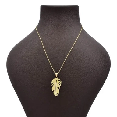 Gold necklace with leaf-shaped pendant displayed on black stand