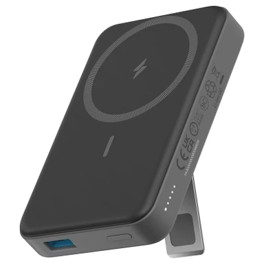 Black wireless power bank with built-in stand and fast charging support