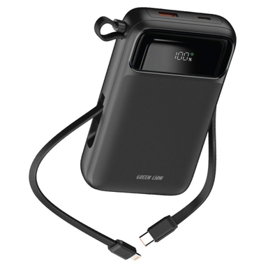 Green Lion black power bank with built-in charging cable and digital display