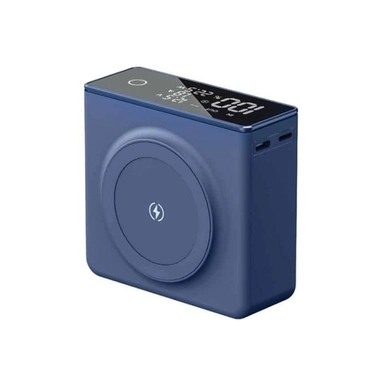 Blue wireless power bank with digital display and fast charging support