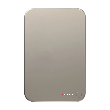 Slim beige power bank with LED indicator lights and rounded edges