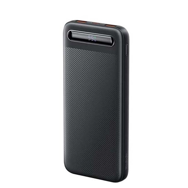 Black textured power bank with digital display and dual USB output