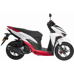 Red and white sport motorcycle with black seat, side view on white background.