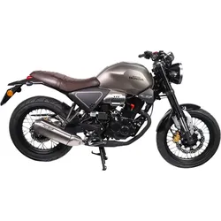 Gray and brown retro-style motorcycle with round headlight, side view on white background.