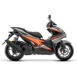 Orange and black sport scooter motorcycle, side view on white background.