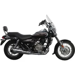 Black cruiser motorcycle with windshield and chrome exhaust, side view on white background.