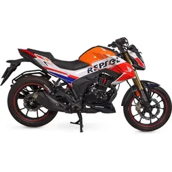 Orange, white, and red Repsol sport motorcycle, side view on white background.