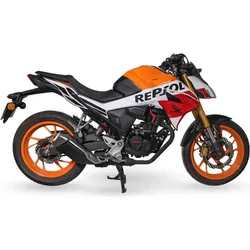 Orange, white, and black Repsol sport motorcycle, side view on white background.