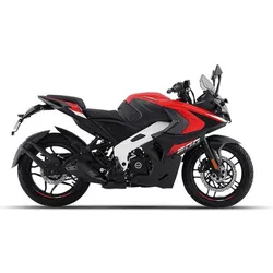 Red, black, and white sport motorcycle, side view on white background.