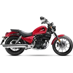 Red cruiser motorcycle with black seat and chrome exhaust, side view on white background.