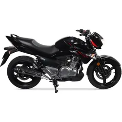 Black sport motorcycle with red accents, side view on white background.