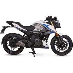 White and black sport motorcycle with blue accents, side view on white background.