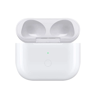 Open white charging case for wireless earbuds with LED indicator