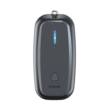 Small dark gray wearable personal air purifier.
