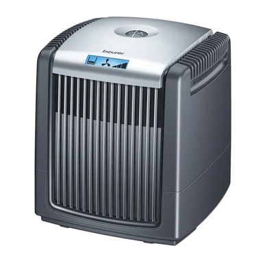 White and silver cylindrical air purifier with a small digital screen.