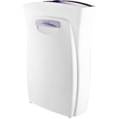  White Bionaire air purifier with lavender handle and True HEPA filter.