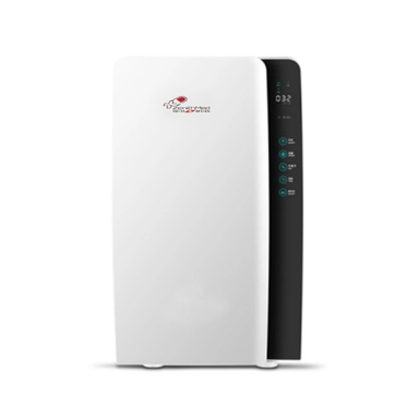 White and black rectangular air purifier with digital display panel and push-button controls.