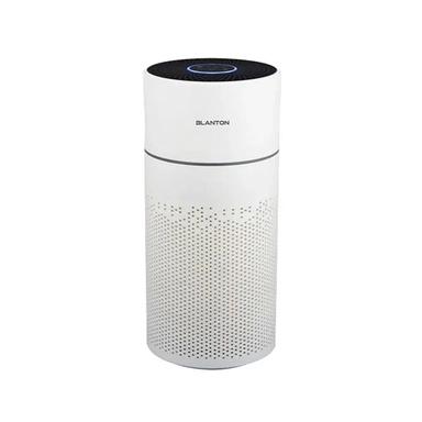 White cylindrical Blanton air purifier with perforated base and black top vent.