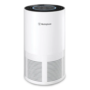 White cylindrical Westinghouse air purifier with bottom vent and top control panel.