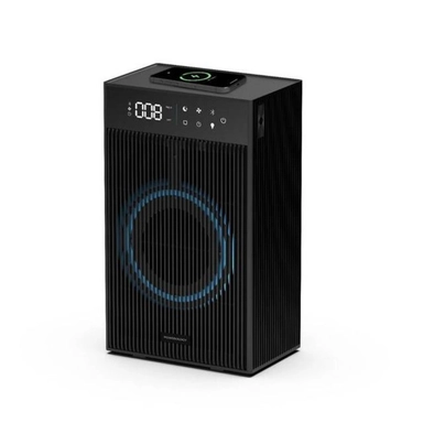 Black cylindrical Daiso mini air purifier with perforated base and red "DAISO" label.