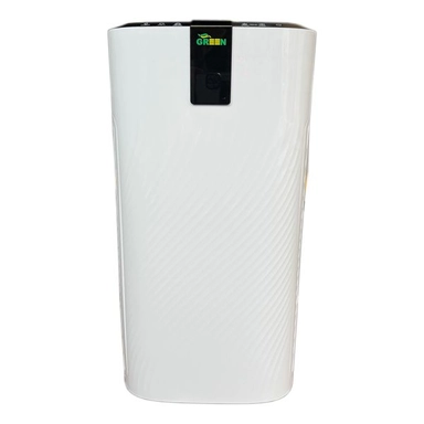 a white, rectangular air purifier with a simple, modern design and a small, square black control/indicator panel