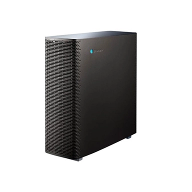 black, rectangular air purifier with a large, grated intake panel on the side