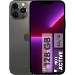 Gray iPhone 13 pro max with triple camera and 128GB storage label on screen.