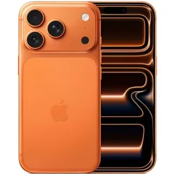 Orange iPhone 17 Pro max with triple camera and sleek modern design, front and back view.