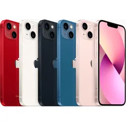 iPhone lineup in red, white, black, blue, and pink colors, front and back view.