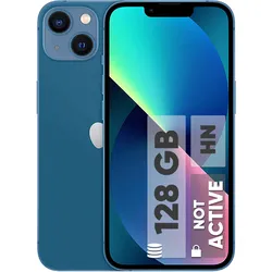 Blue iPhone with dual cameras and 128GB storage label on display.